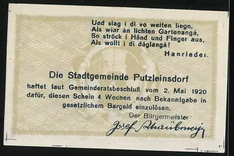 Notgeld Putzleinsdorf 1920, 20 Heller, Ortsansicht