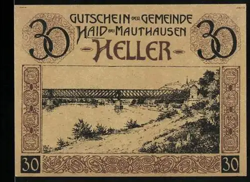 Notgeld Haid bei Mauthausen, 30 Heller, Flusspartie mit Brücke