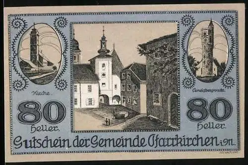 Notgeld Pfarrkirchen i. M., 80 Heller, Kirche, Markplatz und Ameisbergwarte