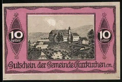 Notgeld Pfarrkirchen i. M., 10 Heller, Teilansicht mit Schloss