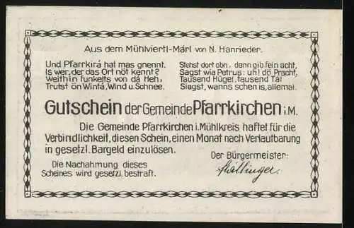 Notgeld Pfarrkirchen i. M., 30 Heller, Strassenpartie mit Kirchturm