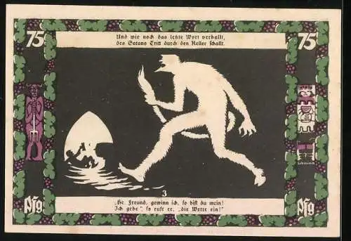 Notgeld Grünberg i. Schlesien 1921, 75 Pfennig, Tuchweberei, Weinbau und Szene mit Satan