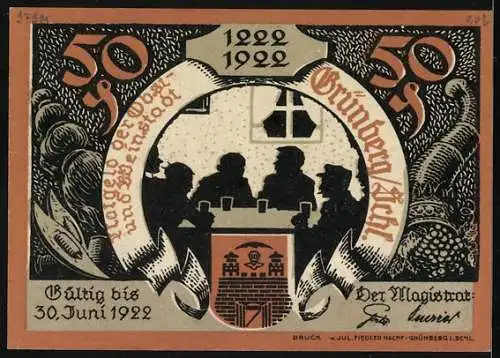 Notgeld Grünberg i. Schl. 1922, 50 Pfennig, Friedrich d. Grosse erhält den Ehrentrunk