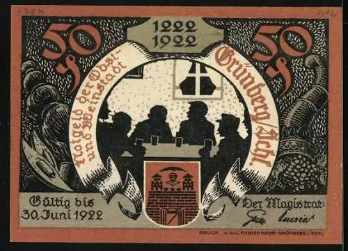 Notgeld Grünberg i. Schl. 1922, 50 Pfennig, Einnahme der 1. schlesischen Stadt durch Friedrich d. Grossen