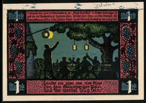 Notgeld Grünberg i. Schl. 1921, 1 Mark, Wappen und Szene bei Fest mit Laternen