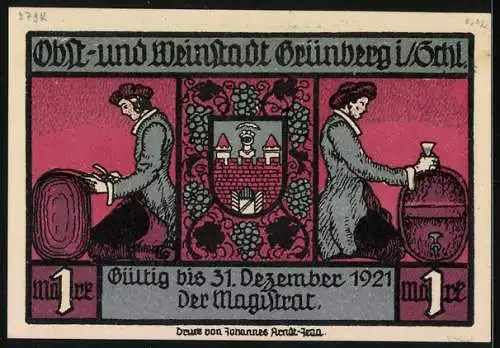 Notgeld Grünberg i. Schl. 1921, 1 Mark, Wappen und Szene bei Fest mit Laternen
