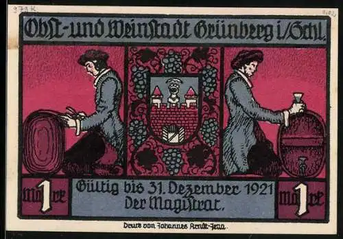 Notgeld Grünberg i. Schl. 1921, 1 Mark, Wappen und Fest bei Nacht