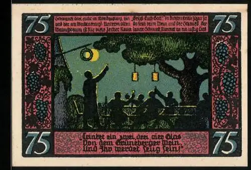 Notgeld Grünberg i. Schl. 1921, 75 Pfennig, Wappen, Weinernte und nächtliches Fest