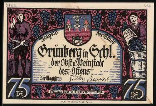 Notgeld Grünberg i. Schl. 1921, 75 Pfennig, Wappen und Fest bei Laternenlicht