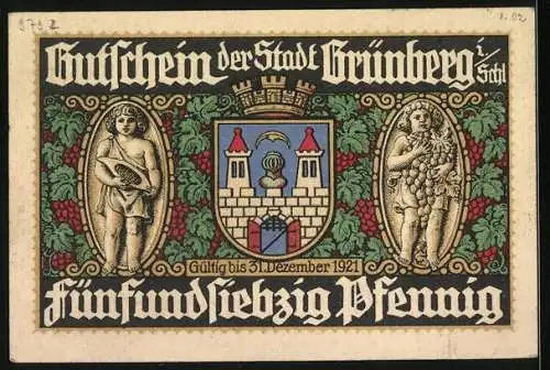 Notgeld Grünberg i. Schl. 1921, 75 Pfennig, Ring und Wappen