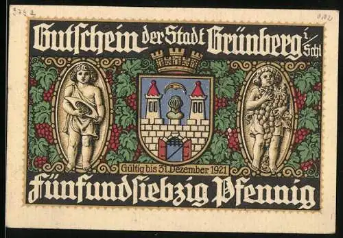 Notgeld Grünberg i. Schl. 1921, 75 Pfennig, Wappen und Alt Grünberg an der Hospitalstrasse
