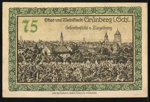 Notgeld Grünberg i. Schl. 1921, 75 Pfennig, Wappen und Gesamtansicht vom Ziegelberg