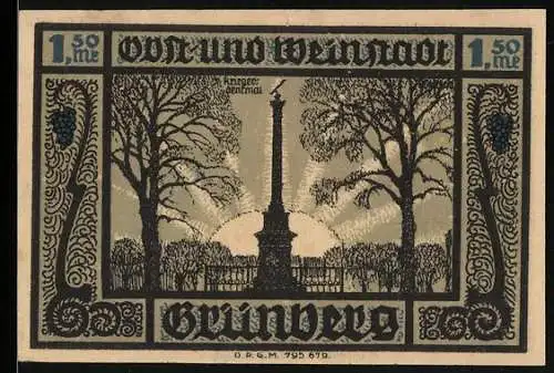 Notgeld Grünberg i. Schl., 1,50 Mark, Kriegerdenkmal und Wappen