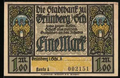 Notgeld Grünberg i. Schl., 1 Mark, Wappen und Erlöserkirche