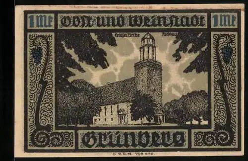 Notgeld Grünberg i. Schl., 1 Mark, Erlöserkirche und Wappen