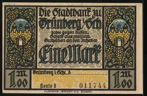 Notgeld Grünberg i. Schl., 1 Mark, Erlöserkirche und Wappen