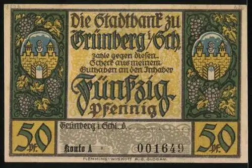 Notgeld Grünberg i. Schl., 50 Pfennig, Wappen und Marienkapelle