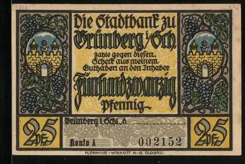 Notgeld Grünberg i. Schl., 25 Pfennig, Wappen und Berghaus