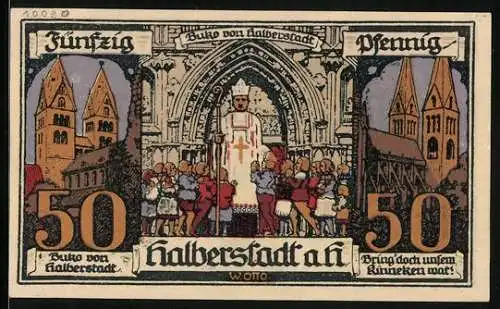 Notgeld Halberstadt a. H. 1921, 50 Pfennig, Statue und Buko von Halberstadt