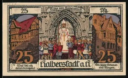 Notgeld Halberstadt a. H. 1921, 25 Pfennig, Buko von Halberstadt und Ritterstatue