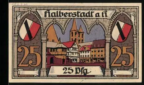 Notgeld Halberstadt a. H. 1920, 25 Pfennig, Stadtpartie und Ritterstatue