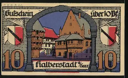 Notgeld Halberstadt a. Harz 1920, 10 Pfennig, Statue und Stadtpartie