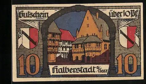 Notgeld Halberstadt a. Harz 1920, 10 Pfennig, Stadtpartie mit Wappen und Ritterstatue