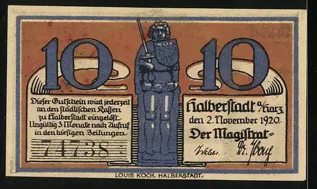 Notgeld Halberstadt a. Harz 1920, 10 Pfennig, Stadtpartie mit Wappen und Ritterstatue