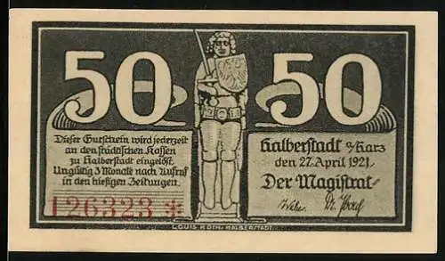 Notgeld Halberstadt a. Harz 1921, 50 Pfennig, Ritterstatue und Buko von Halberstadt