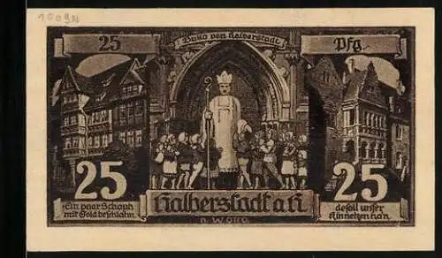 Notgeld Halberstadt a. H. 1921, 25 Pfennig, Buko von Halberstadt, Fassaden und Statue