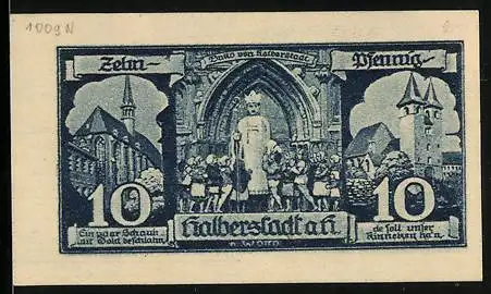 Notgeld Halberstadt a. H. 1921, 10 Pfennig, Buko von Halberstadt, Kirchen und Statue