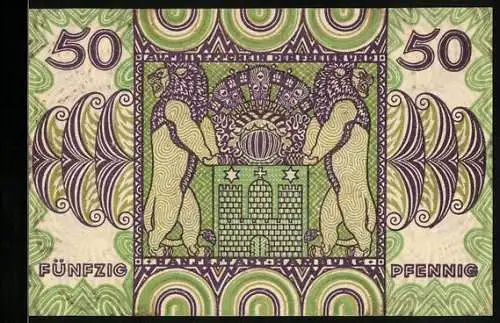 Notgeld Hamburg 1920, 50 Pfennig, Wappen mit Löwen
