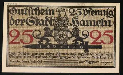 Notgeld Hameln 1918, 25 Pfennig, Der Rattenfänger von Hameln
