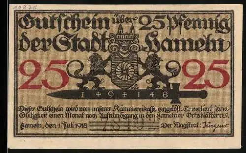 Notgeld Hameln 1918, 25 Pfennig, Wappen und Rattenfänger von Hameln