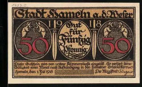 Notgeld Hameln 1918, 50 Pfennig, Rattenfänger von Hameln mit Kindern