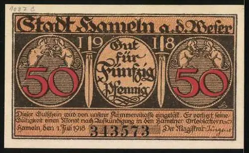 Notgeld Hameln 1918, 50 Pfennig, Rattenfänger von Hameln entführt Kinder