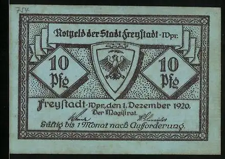 Notgeld Freystadt /Wpr. 1920, 10 Pfennig, Wappen, Ortspartien