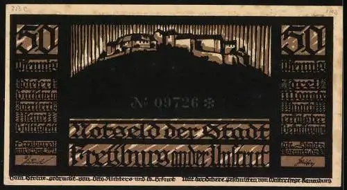 Notgeld Freyburg an der Unstrut 1921, 50 Pfennig, Sage Edelacker - Landgraf Ludwig und Ritter, Ortsansicht