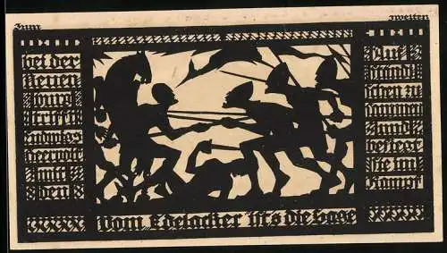 Notgeld Freyburg an der Unstrut 1921, 50 Pfennig, Sage Edelacker - Kampfszene, Ortsansicht
