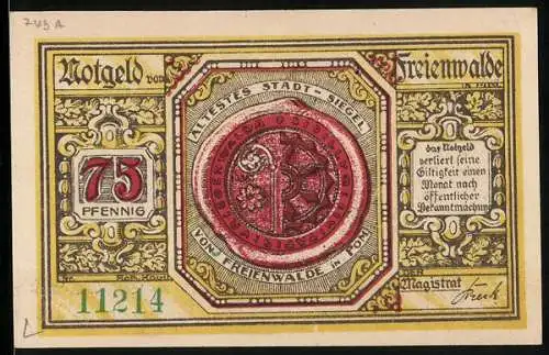 Notgeld Freienwalde i. Pom. 1920, 75 Pfennig, Stadt-Siegel, Ortsansicht, Wappen