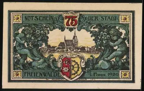 Notgeld Freienwalde i. Pom. 1920, 75 Pfennig, Stadt-Siegel, Ortsansicht, Wappen