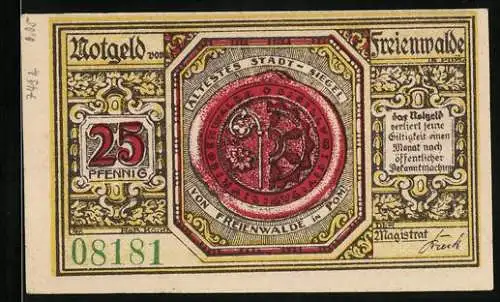 Notgeld Freienwalde i. Pom. 1920, 25 Pfennig, Stadt-Siegel, Ritter und Bürger, Wappen