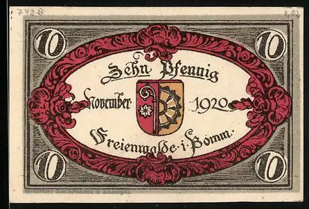 Notgeld Freienwalde i. Pomm. 1920, 10 Pfennig, Wappen, Denkmal mit Vogel