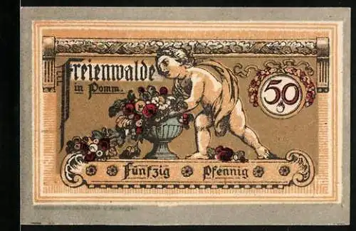 Notgeld Freienwalde i. Pomm. 1920, 50 Pfennig, Stadtsiegel, Knabe mit Blumenschale
