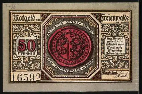 Notgeld Freienwalde i. Pomm. 1920, 50 Pfennig, Stadtsiegel, Knabe mit Blumenschale