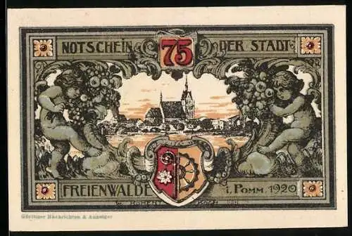 Notgeld Freienwalde i. Pomm. 1920, 75 Pfennig, Wappen, Ortsansicht mit Putten, Stadtsiegel