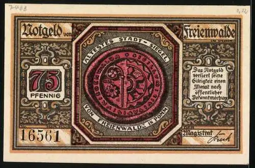 Notgeld Freienwalde i. Pomm. 1920, 75 Pfennig, Wappen, Ortsansicht mit Putten, Stadtsiegel
