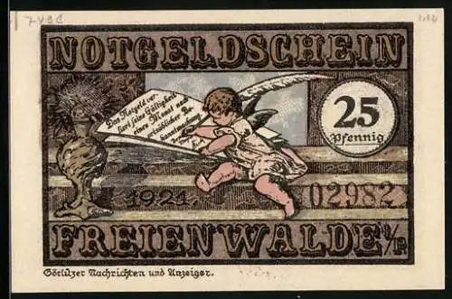Notgeld Freienwalde i. P. 1921, 25 Pfennig, Wappen, Historische Figuren vor der Stadt, Engel mit Schreibfeder