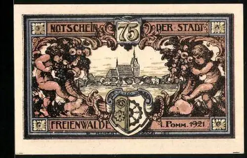 Notgeld Freienwalde i. P. 1921, 75 Pfennig, Wappen, Putten und Stadtpanorama, Engel mit Schreibfeder
