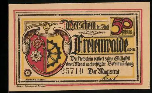 Notgeld Freienwalde in Pom., 50 Pfennig, Wappen, Organisierung der Schützengilde